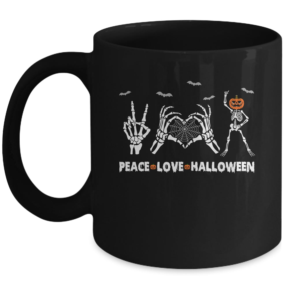 Peace Love Halloween Happy Halloween Pumpkin Skeleton Hands Mug | siriusteestore