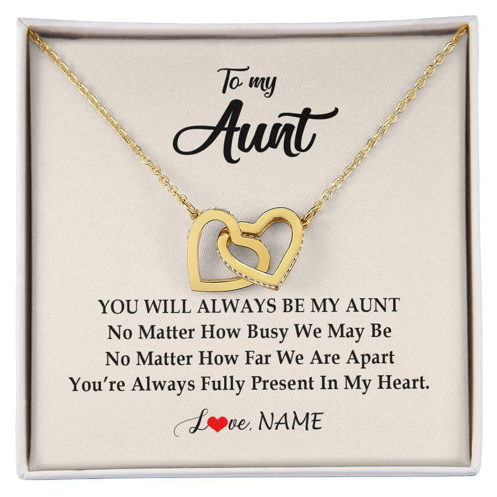 Interlocking Hearts Necklace 18K Yellow Gold Finish | Personalized Aunt Necklace From Niece Nephew You're Always In My Heart Aunt Birthday Mothers Day Christmas Jewelry Pendant Customized Gift Box Message Card | siriusteestore