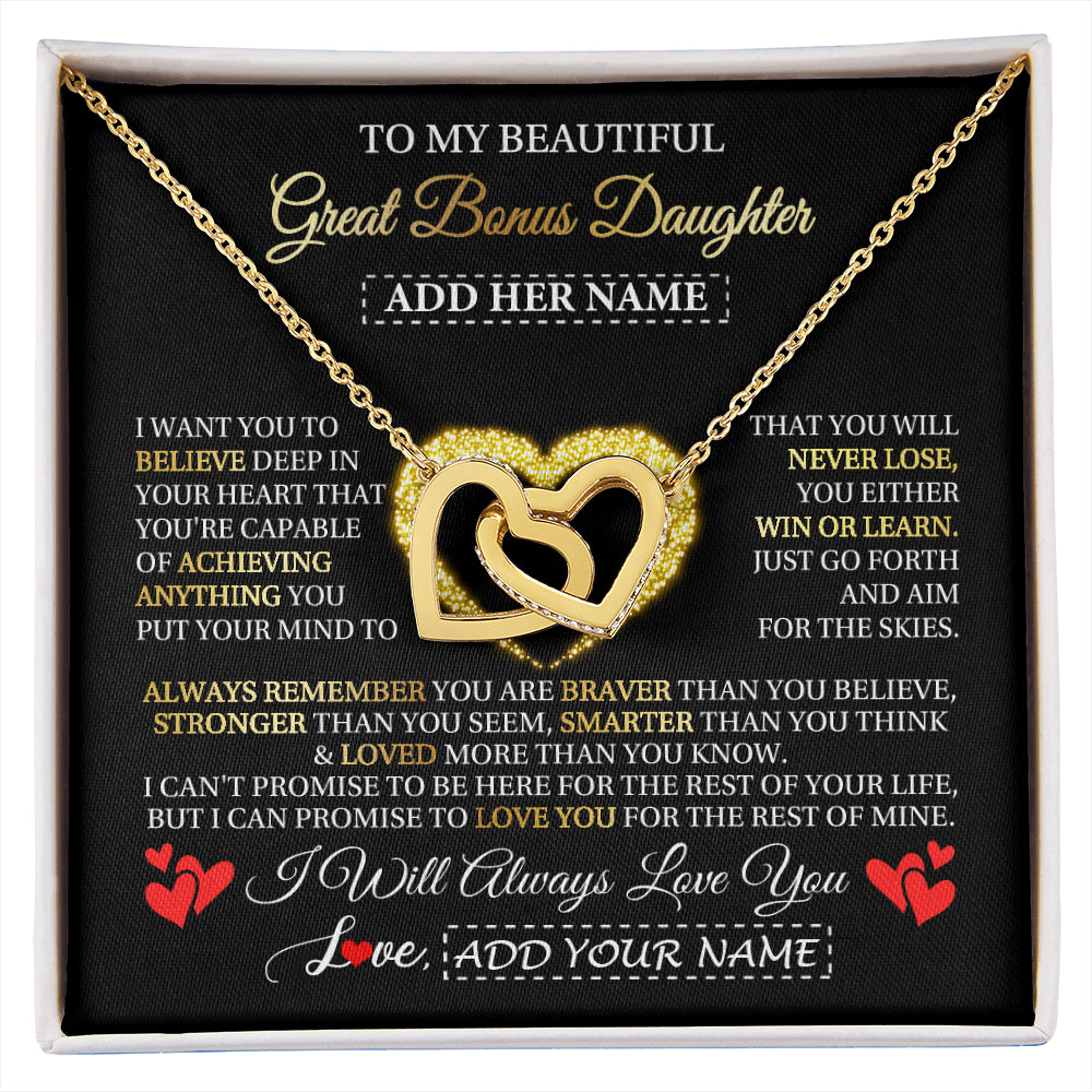 Interlocking Hearts Necklace 18K Yellow Gold Finish | 1 | Personalized Beautiful Gift For Bonus Daughter From Step Mom Dad Graduation Necklace Great Stepdaughter Gifts Birthday Christmas Custom Gift Box Message Card | siriusteestore