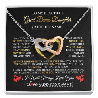 Interlocking Hearts Necklace Stainless Steel & Rose Gold Finish | 1 | Personalized Beautiful Gift For Bonus Daughter From Step Mom Dad Graduation Necklace Great Stepdaughter Gifts Birthday Christmas Custom Gift Box Message Card | siriusteestore