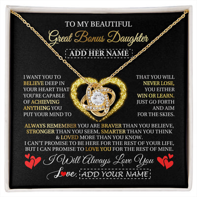 Love Knot Necklace 18K Yellow Gold Finish | 1 | Personalized Beautiful Gift For Bonus Daughter From Step Mom Dad Graduation Necklace Great Stepdaughter Gifts Birthday Christmas Custom Gift Box Message Card | siriusteestore