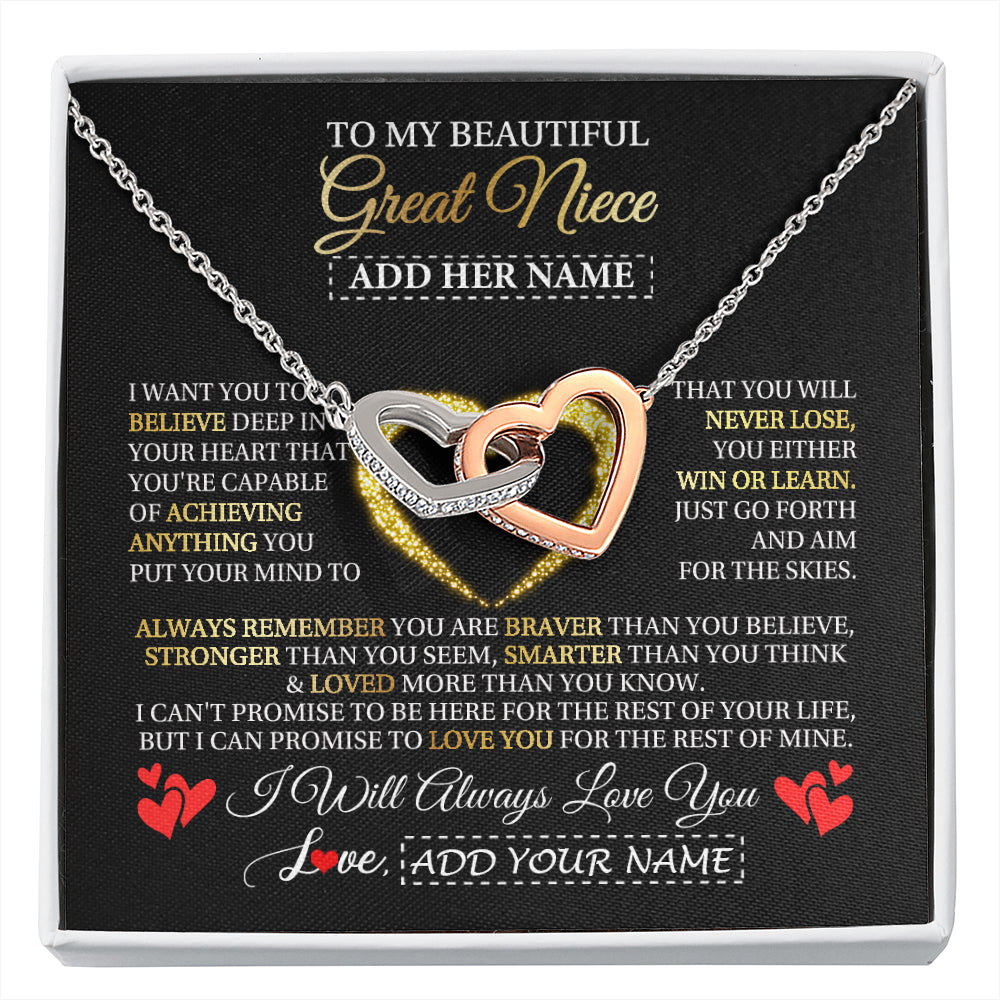 Interlocking Hearts Necklace Stainless Steel & Rose Gold Finish | 1 | Personalized Beautiful Gift For Niece From Aunt Uncle Auntie Graduation Necklace Great Niece Gifts Birthday Christmas Customized Gift Box Message Card | siriusteestore