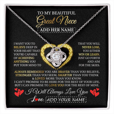 Love Knot Necklace 14K White Gold Finish | 1 | Personalized Beautiful Gift For Niece From Aunt Uncle Auntie Graduation Necklace Great Niece Gifts Birthday Christmas Customized Gift Box Message Card | siriusteestore