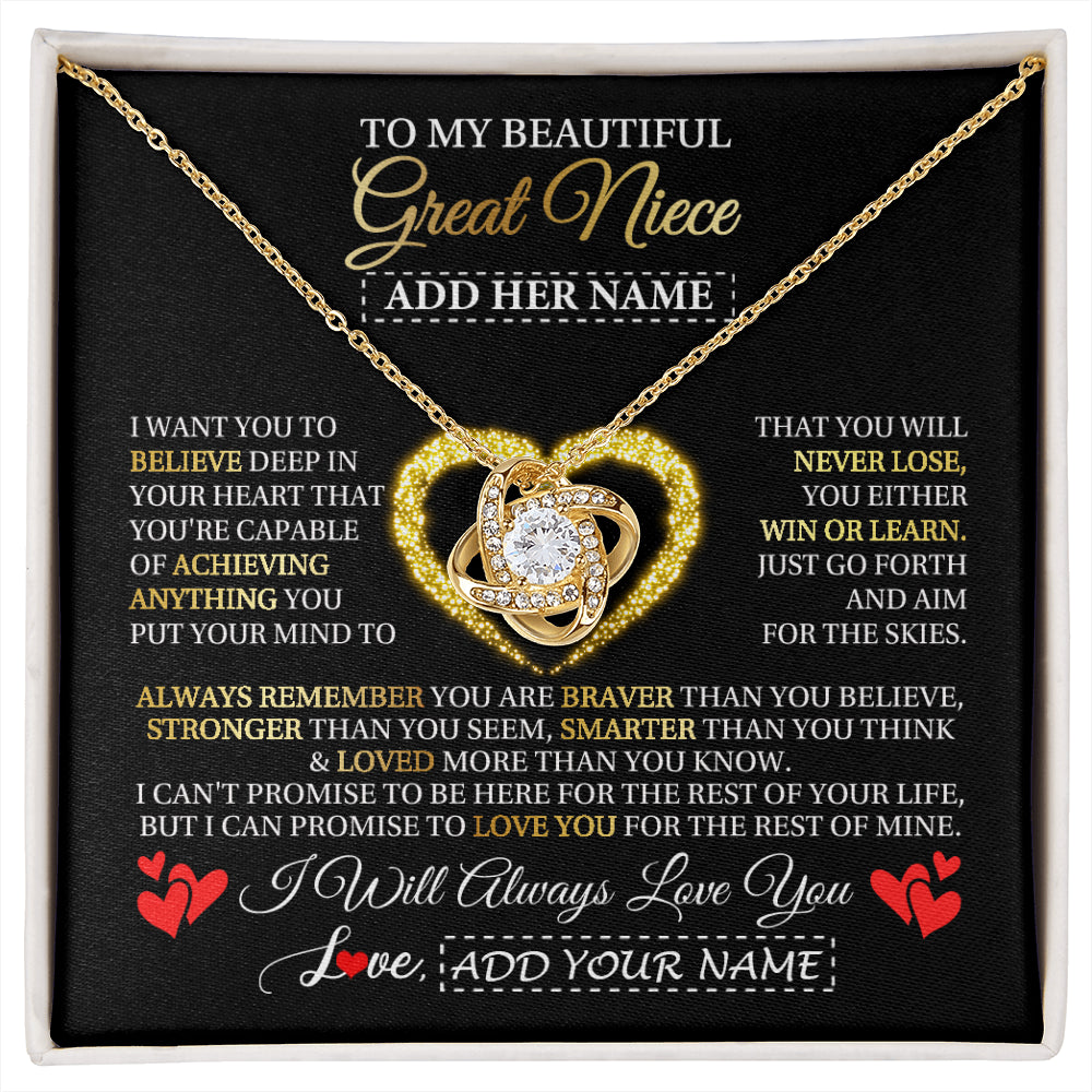 Love Knot Necklace 18K Yellow Gold Finish | 1 | Personalized Beautiful Gift For Niece From Aunt Uncle Auntie Graduation Necklace Great Niece Gifts Birthday Christmas Customized Gift Box Message Card | siriusteestore