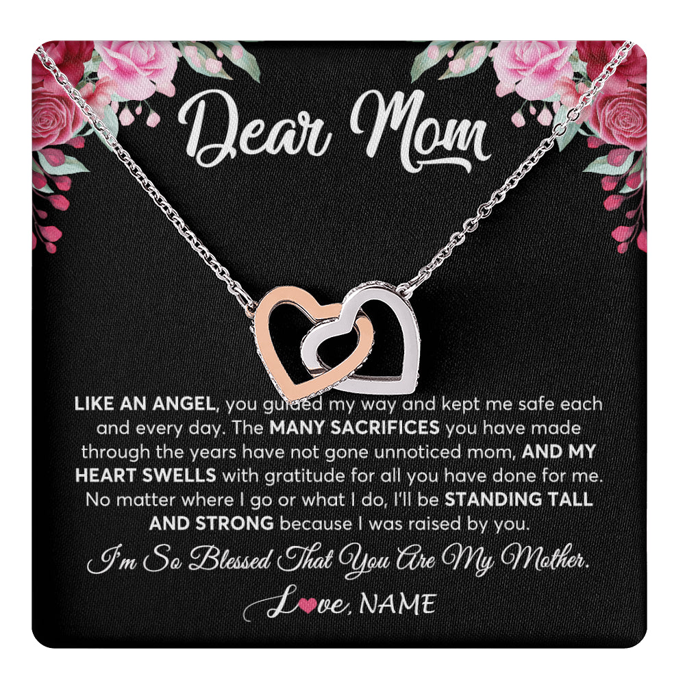 Interlocking Hearts Necklace Stainless Steel & Rose Gold Finish | 1 | Personalized Dear Mom Necklace From Daughter Son Like An Angel Mom Mothers Day Women Birthday Thanksgiving Christmas Jewelry Customized Gift Box Message Card | siriusteestore