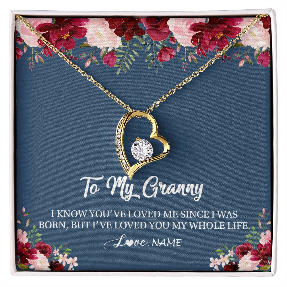 Forever Love Necklace 18K Yellow Gold Finish | Personalized Granny Necklace From Grandkids Granddaughter Grandson I've Loved You My Whole Life Floral Granny Birthday Mothers Day Christmas Customized Message Card | siriusteestore