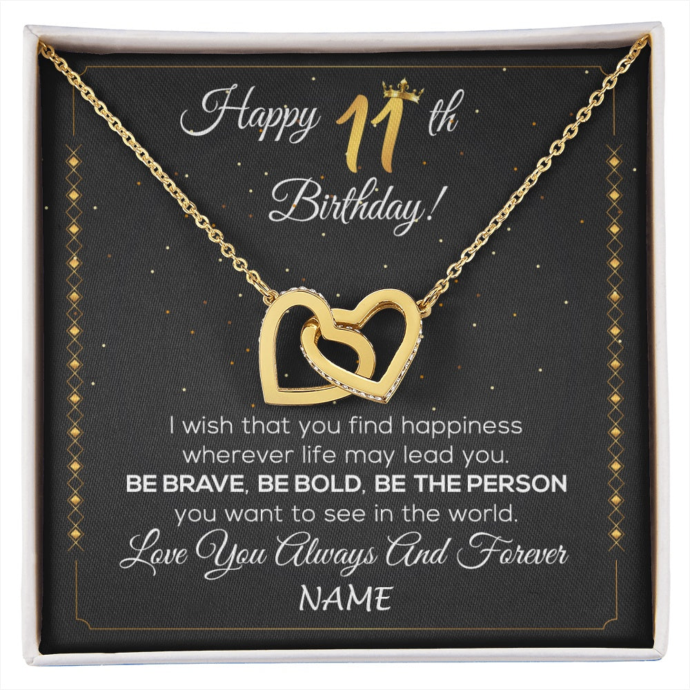 Interlocking Hearts Necklace 18K Yellow Gold Finish | 1 | Personalized Happy 11th Birthday Necklace For Her Women Daughter Niece Sister Goddaughter Granddaughter 11 Year Old Birthday Customized Gift Box Message Card | siriusteestore.myshopify