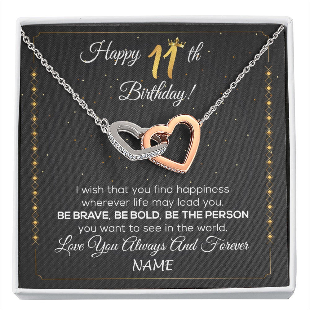 Interlocking Hearts Necklace Stainless Steel & Rose Gold Finish | 1 | Personalized Happy 11th Birthday Necklace For Her Women Daughter Niece Sister Goddaughter Granddaughter 11 Year Old Birthday Customized Gift Box Message Card | siriusteestore.myshopify