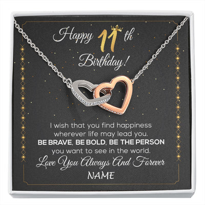 Interlocking Hearts Necklace Stainless Steel & Rose Gold Finish | 1 | Personalized Happy 11th Birthday Necklace For Her Women Daughter Niece Sister Goddaughter Granddaughter 11 Year Old Birthday Customized Gift Box Message Card | siriusteestore.myshopify