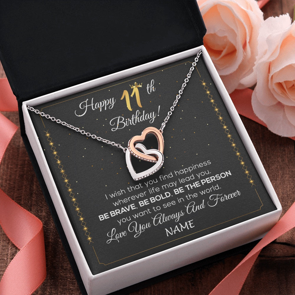 Interlocking Hearts Necklace Stainless Steel & Rose Gold Finish | 2 | Personalized Happy 11th Birthday Necklace For Her Women Daughter Niece Sister Goddaughter Granddaughter 11 Year Old Birthday Customized Gift Box Message Card | siriusteestore.myshopify