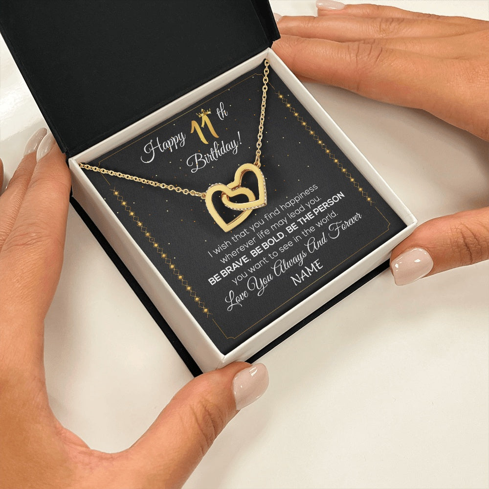 Interlocking Hearts Necklace 18K Yellow Gold Finish | 2 | Personalized Happy 11th Birthday Necklace For Her Women Daughter Niece Sister Goddaughter Granddaughter 11 Year Old Birthday Customized Gift Box Message Card | siriusteestore.myshopify