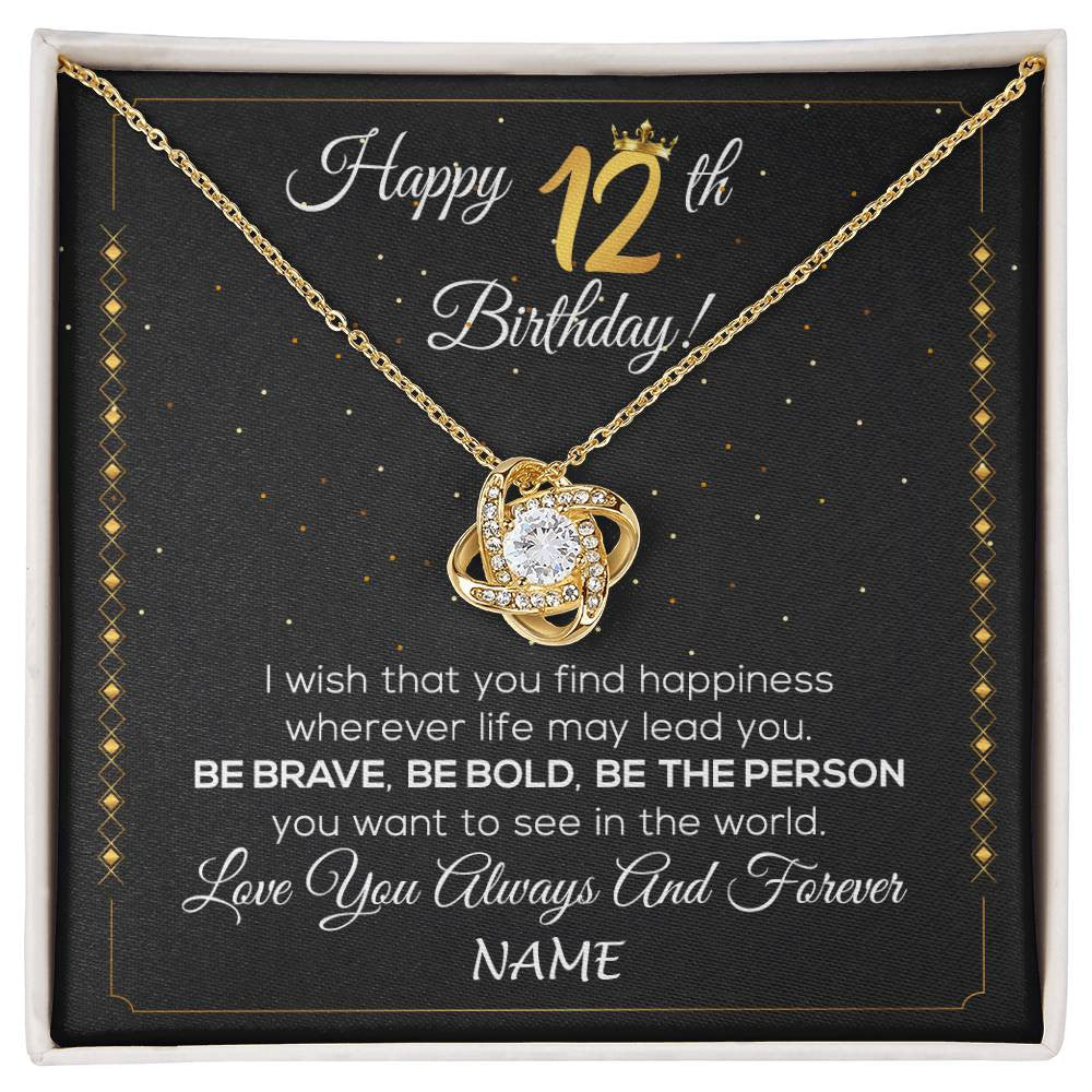 Love Knot Necklace 18K Yellow Gold Finish | 1 | Personalized Happy 12th Birthday Necklace For Her Girls Daughter Niece Sister Goddaughter Granddaughter 12 Year Old Birthday Customized Gift Box Message Card | siriusteestore