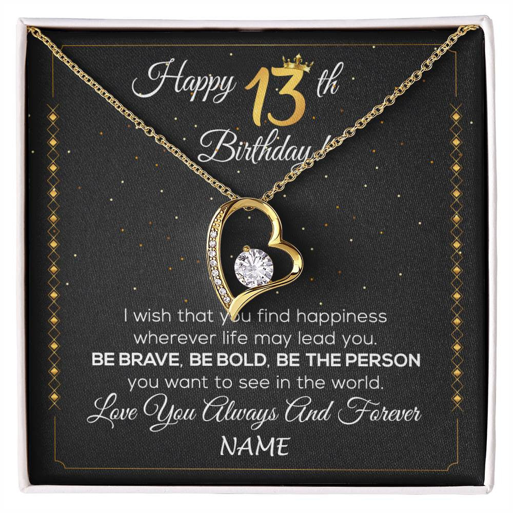 Forever Love Necklace 18K Yellow Gold Finish | 1 | Personalized Happy 13th Birthday Necklace For Her Girls Daughter Niece Sister Goddaughter Granddaughter 13 Year Old Birthday Customized Gift Box Message Card | siriusteestore