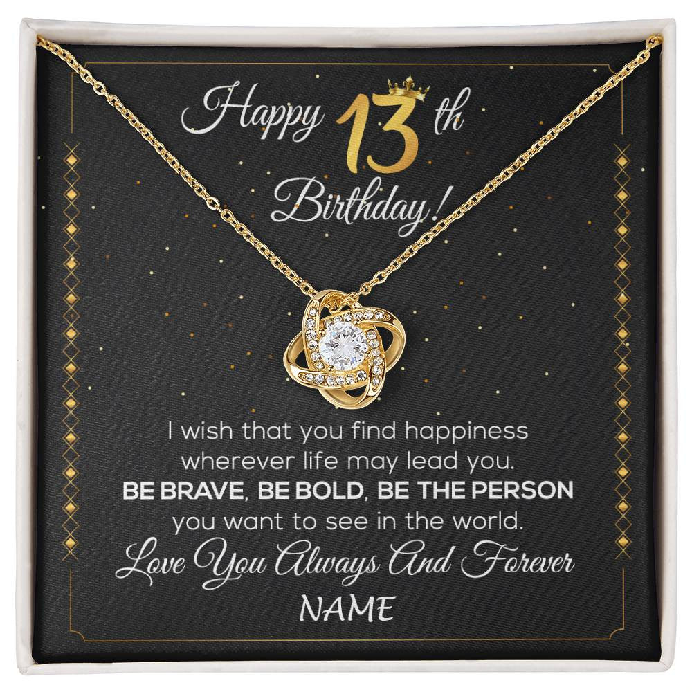 Love Knot Necklace 18K Yellow Gold Finish | 1 | Personalized Happy 13th Birthday Necklace For Her Girls Daughter Niece Sister Goddaughter Granddaughter 13 Year Old Birthday Customized Gift Box Message Card | siriusteestore