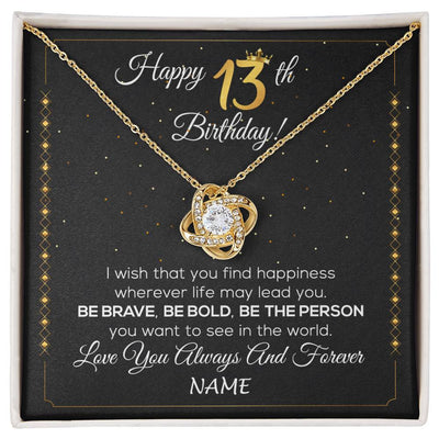 Love Knot Necklace 18K Yellow Gold Finish | 1 | Personalized Happy 13th Birthday Necklace For Her Girls Daughter Niece Sister Goddaughter Granddaughter 13 Year Old Birthday Customized Gift Box Message Card | siriusteestore