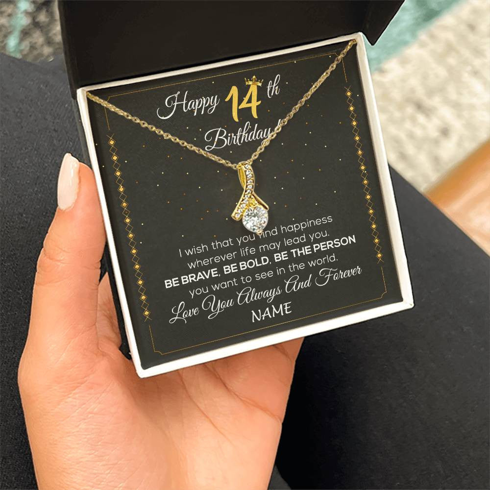 Alluring Beauty Necklace 18K Yellow Gold Finish | 2 | Personalized Happy 14Th Birthday Necklace For Her Girls Daughter Niece Sister Goddaughter Granddaughter 14 Year Old Birthday Customized Gift Box Message Card | siriusteestore