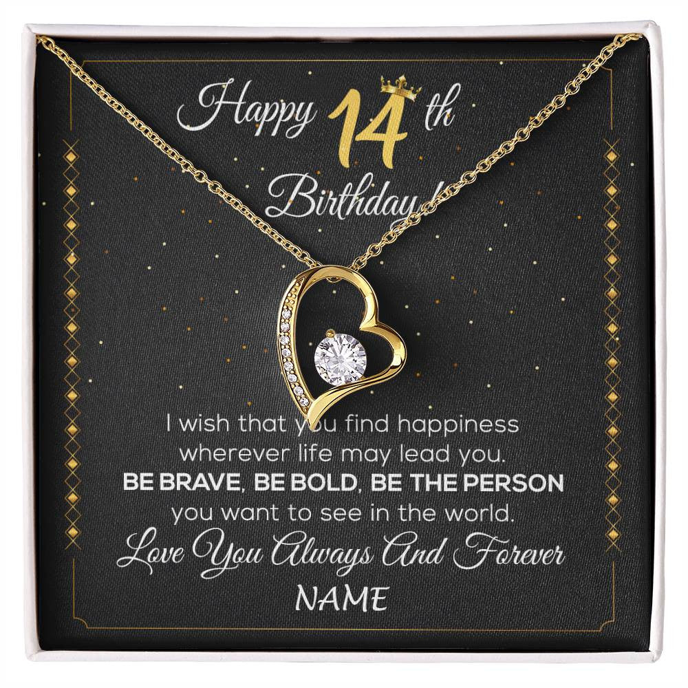 Forever Love Necklace 18K Yellow Gold Finish | 1 | Personalized Happy 14Th Birthday Necklace For Her Girls Daughter Niece Sister Goddaughter Granddaughter 14 Year Old Birthday Customized Gift Box Message Card | siriusteestore