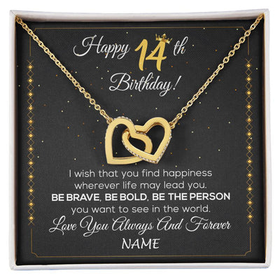 Interlocking Hearts Necklace 18K Yellow Gold Finish | 1 | Personalized Happy 14Th Birthday Necklace For Her Girls Daughter Niece Sister Goddaughter Granddaughter 14 Year Old Birthday Customized Gift Box Message Card | siriusteestore
