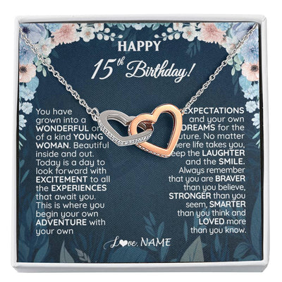 Interlocking Hearts Necklace Stainless Steel & Rose Gold Finish | 1 | Personalized Happy 15th Birthday Gifts Necklace Sweet Fifteen 15th Year Old Girl Birthday Gift Ideas For Her Daughter Niece Jewelry Gift Box Message Card | siriusteestore