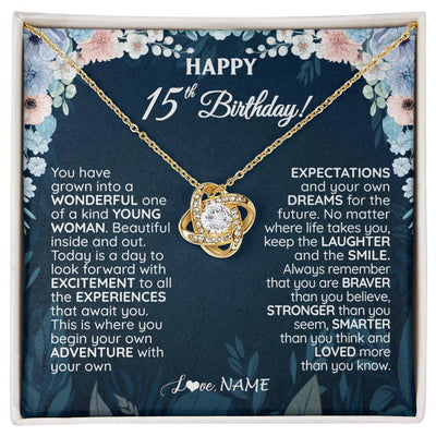 Love Knot Necklace 18K Yellow Gold Finish | 1 | Personalized Happy 15th Birthday Gifts Necklace Sweet Fifteen 15th Year Old Girl Birthday Gift Ideas For Her Daughter Niece Jewelry Gift Box Message Card | siriusteestore