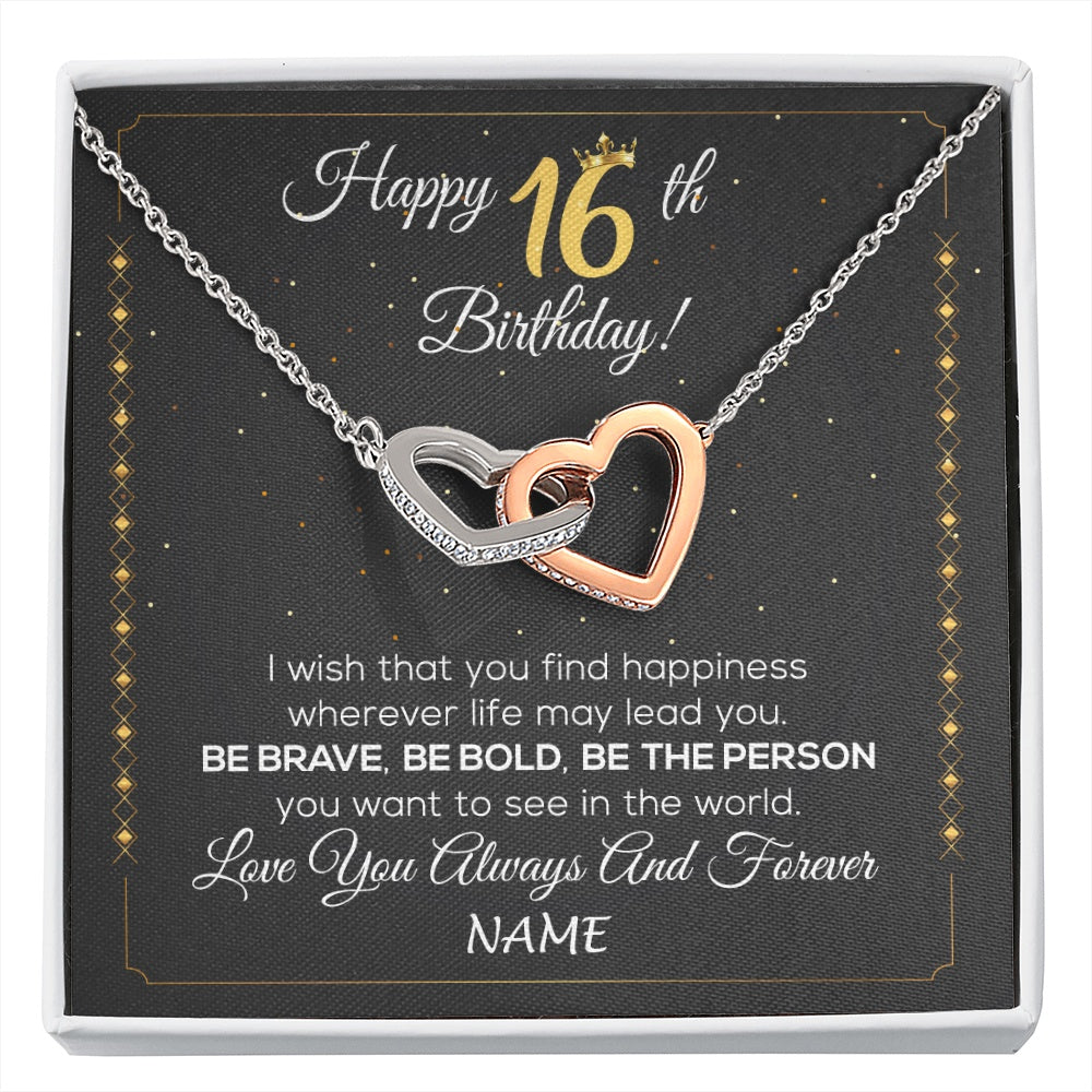 Interlocking Hearts Necklace Stainless Steel & Rose Gold Finish | 1 | Personalized Happy 16Th Birthday Necklace For Her Women Daughter Niece Sister Goddaughter Granddaughter 16 Year Old Birthday Customized Gift Box Message Card | siriusteestore.myshopify