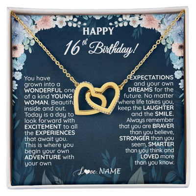 Interlocking Hearts Necklace 18K Yellow Gold Finish | 1 | Personalized Happy 16th Birthday Gifts Necklace Sweet Fifteen 16th Year Old Girl Birthday Gift Ideas For Her Daughter Niece Jewelry Gift Box Message Card | siriusteestore