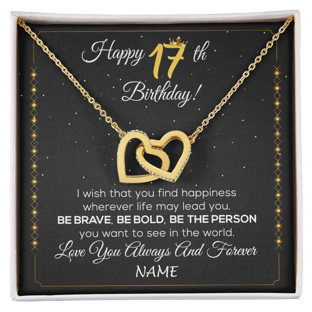 Interlocking Hearts Necklace 18K Yellow Gold Finish | 1 | Personalized Happy 17Th Birthday Necklace For Her Girls Daughter Niece Sister Goddaughter Granddaughter 17 Year Old Birthday Customized Gift Box Message Card | siriusteestore