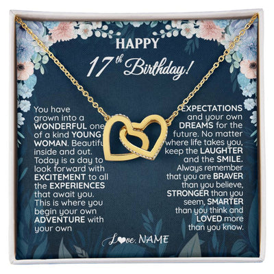Interlocking Hearts Necklace 18K Yellow Gold Finish | 1 | Personalized Happy 17th Birthday Gifts Necklace Sweet Fifteen 17th Year Old Girl Birthday Gift Ideas For Her Daughter Niece Jewelry Gift Box Message Card | siriusteestore