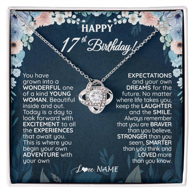 Love Knot Necklace 14K White Gold Finish | 1 | Personalized Happy 17th Birthday Gifts Necklace Sweet Fifteen 17th Year Old Girl Birthday Gift Ideas For Her Daughter Niece Jewelry Gift Box Message Card | siriusteestore
