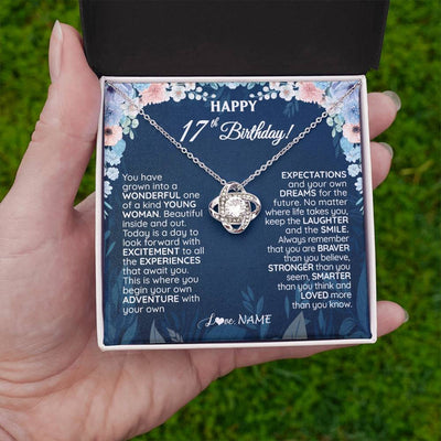 Love Knot Necklace 14K White Gold Finish | 2 | Personalized Happy 17th Birthday Gifts Necklace Sweet Fifteen 17th Year Old Girl Birthday Gift Ideas For Her Daughter Niece Jewelry Gift Box Message Card | siriusteestore