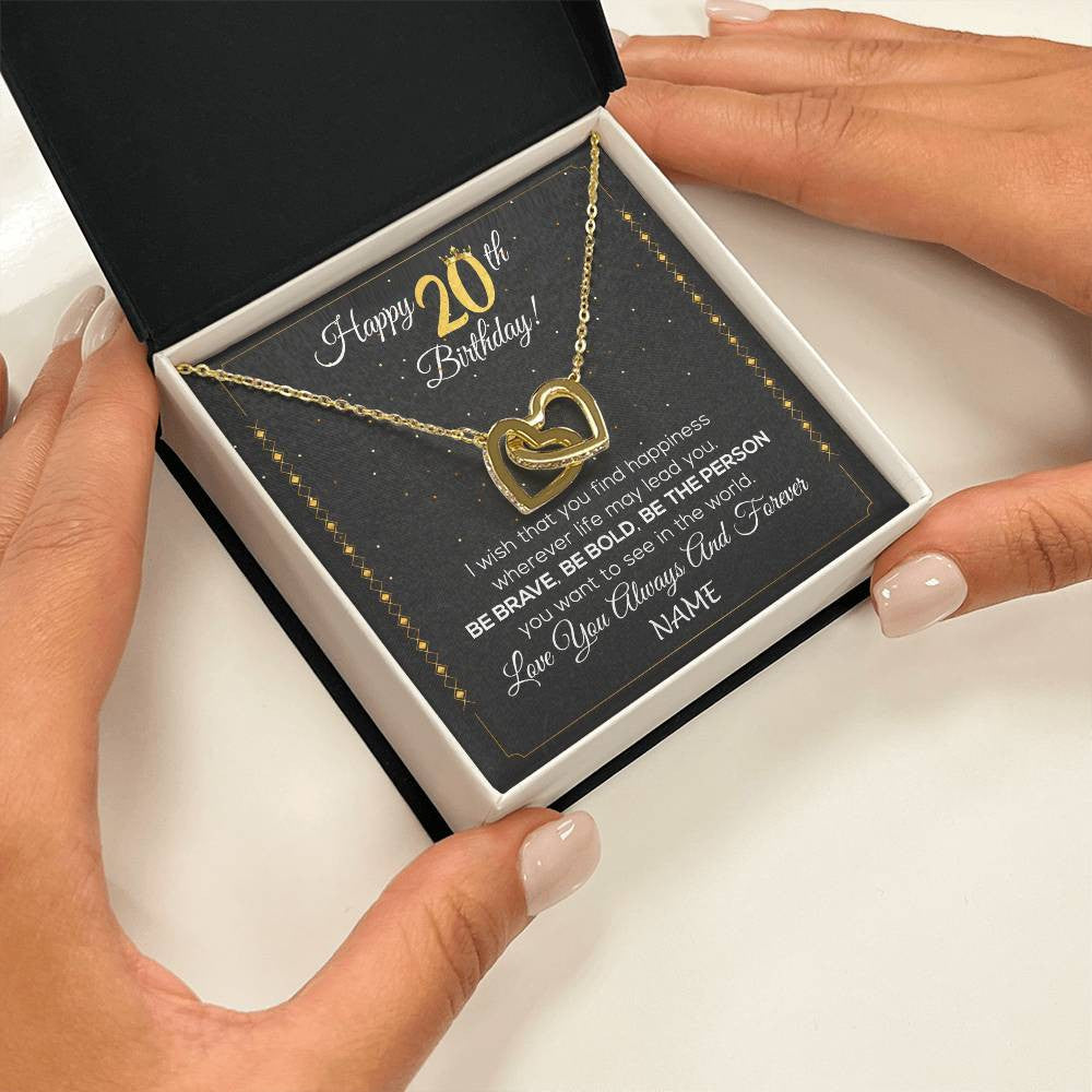 Interlocking Hearts Necklace 18K Yellow Gold Finish | 2 | Personalized Happy 20Th Birthday Necklace For Her Girls Daughter Niece Sister Goddaughter Granddaughter 20 Year Old Birthday Customized Gift Box Message Card | siriusteestore