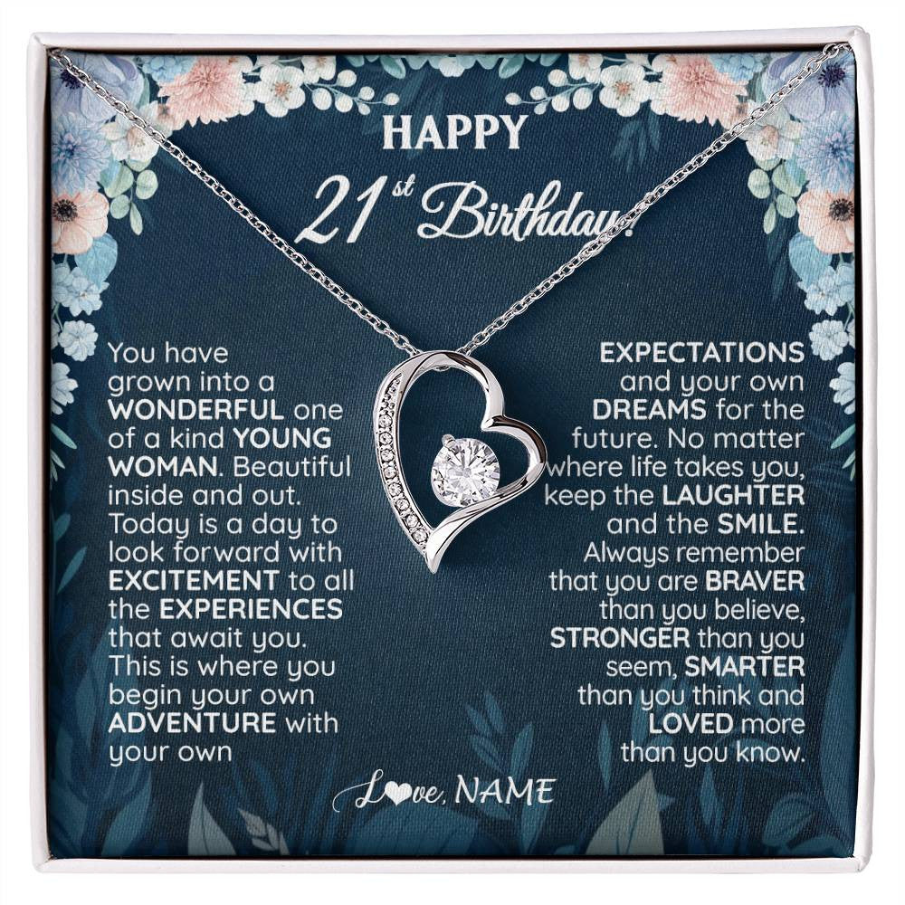 Forever Love Necklace 14K White Gold Finish | 1 | Personalized Happy 21st Birthday Gifts Necklace Sweet Fifteen 21st Year Old Girl Birthday Gift Ideas For Her Daughter Niece Jewelry Gift Box Message Card | siriusteestore