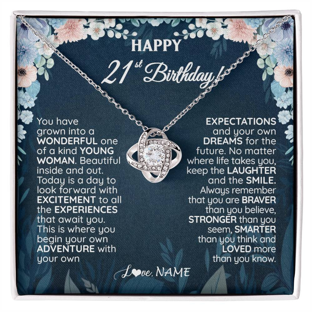 Love Knot Necklace 14K White Gold Finish | 1 | Personalized Happy 21st Birthday Gifts Necklace Sweet Fifteen 21st Year Old Girl Birthday Gift Ideas For Her Daughter Niece Jewelry Gift Box Message Card | siriusteestore