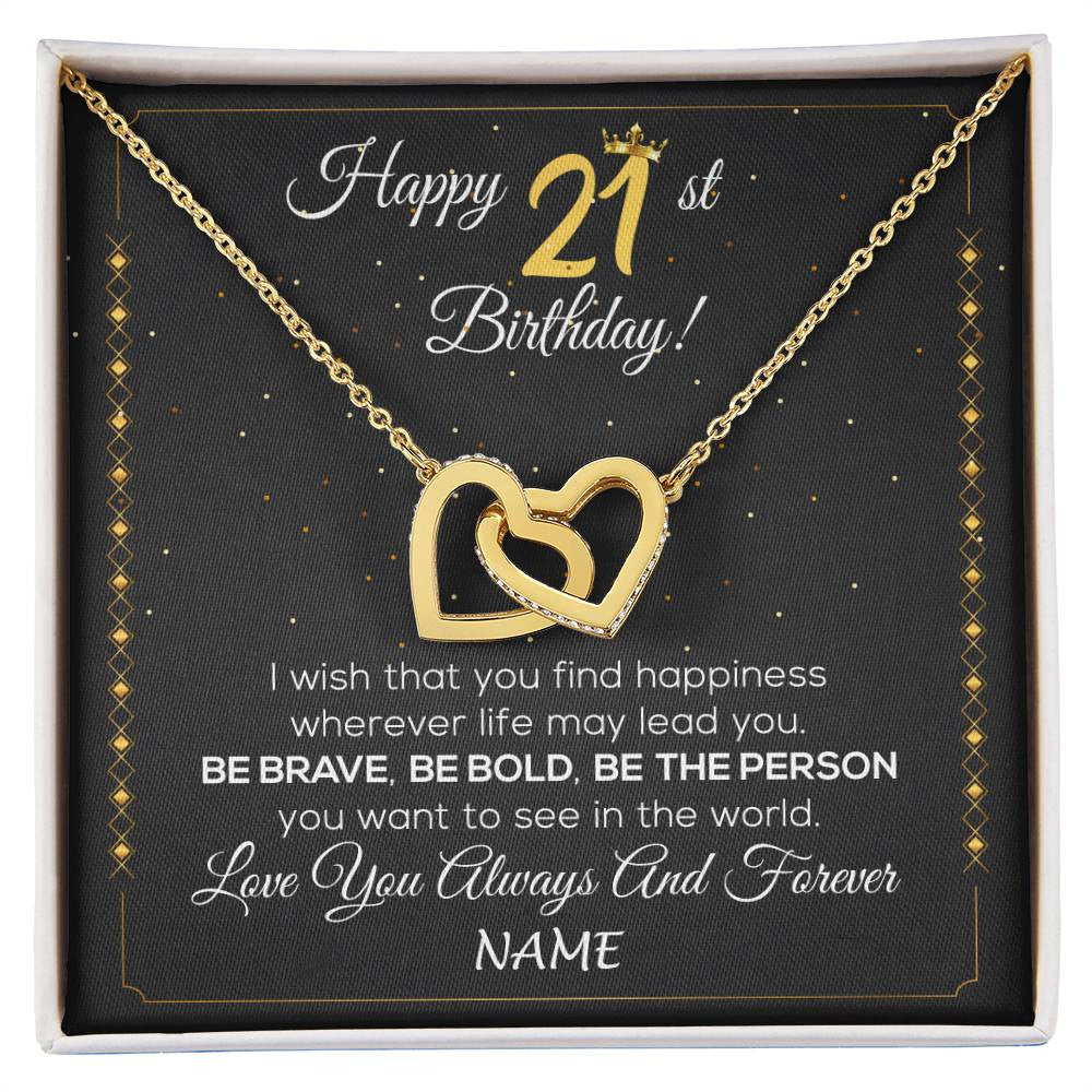 Interlocking Hearts Necklace 18K Yellow Gold Finish | 1 | Personalized Happy 21st Birthday Necklace For Her Girls Daughter Niece Sister Goddaughter Granddaughter 21 Year Old Birthday Customized Gift Box Message Card | siriusteestore