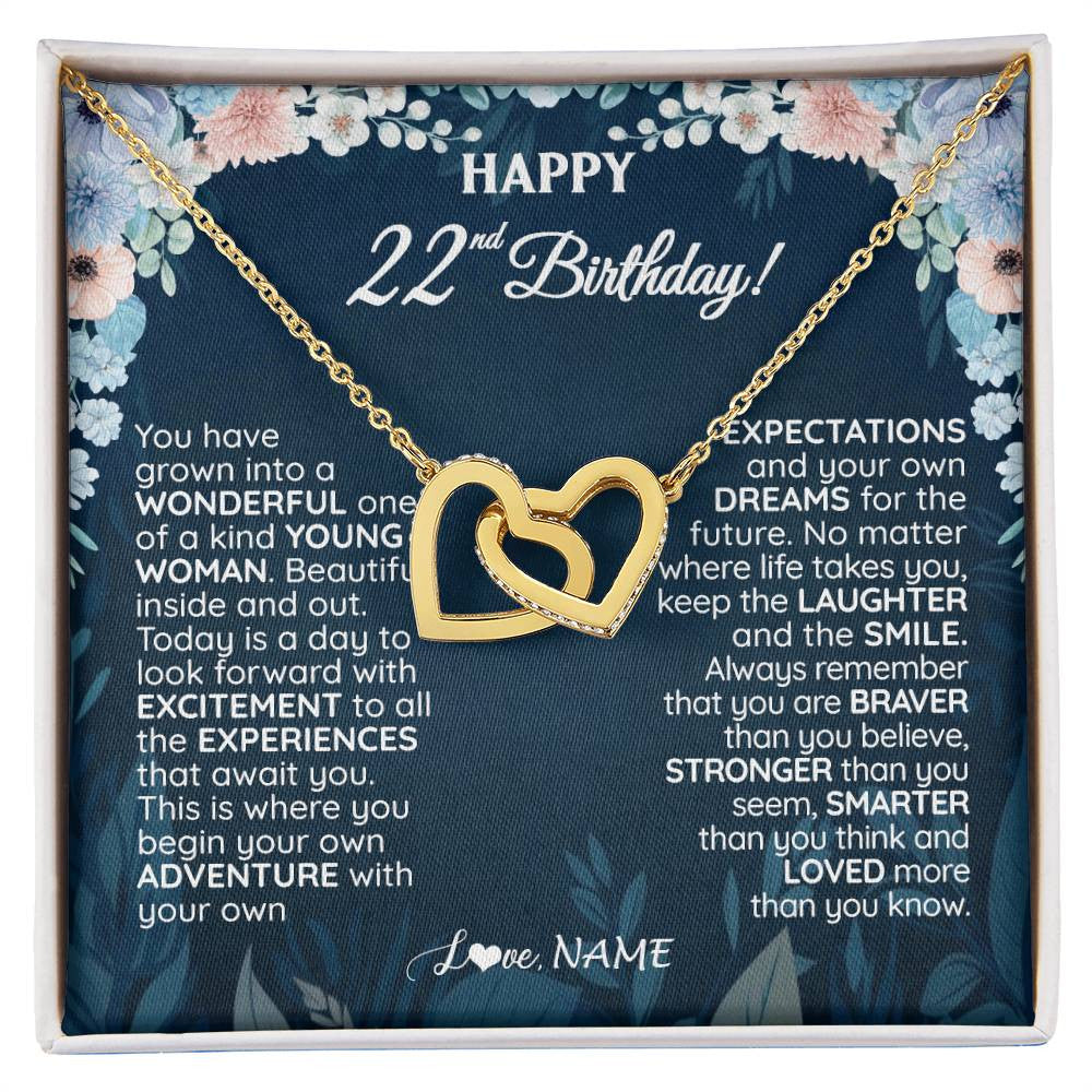 Interlocking Hearts Necklace 18K Yellow Gold Finish | 1 | Personalized Happy 22nd Birthday Gifts Necklace Sweet Fifteen 22nd Year Old Girl Birthday Gift Ideas For Her Daughter Niece Jewelry Gift Box Message Card | siriusteestore