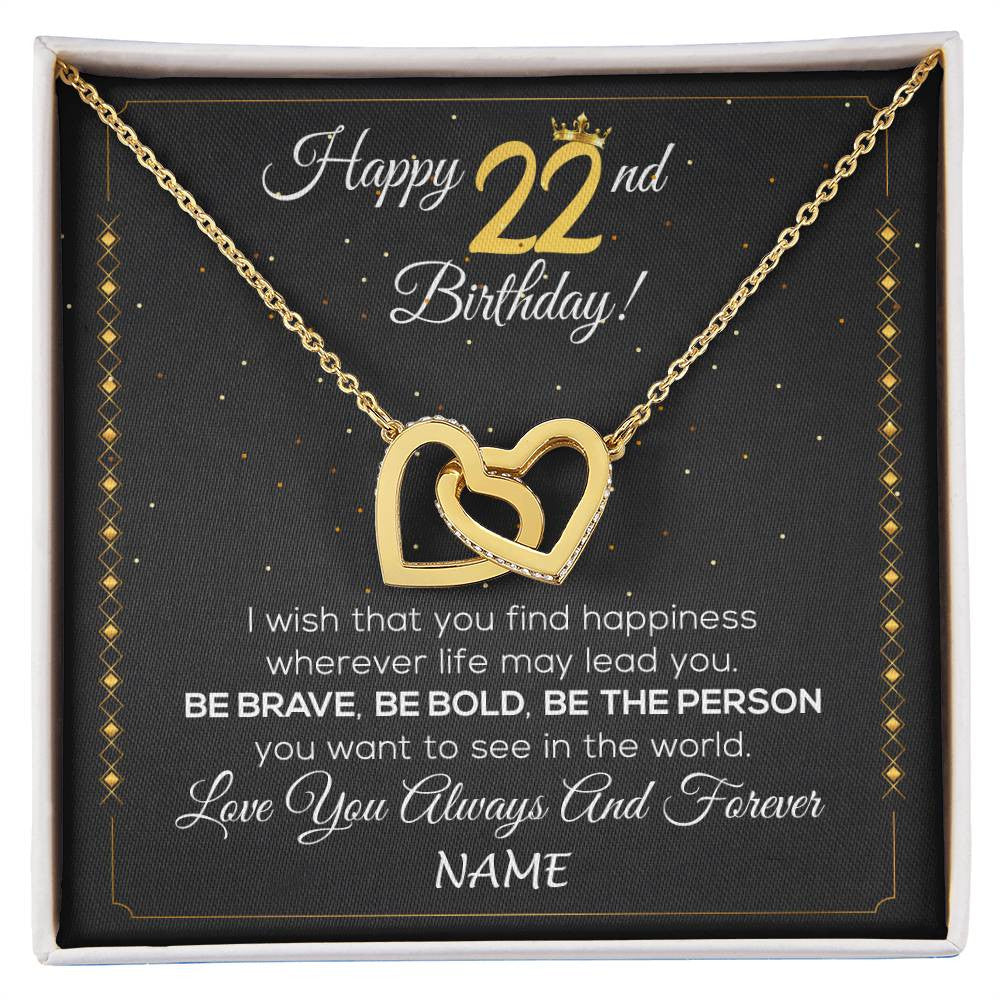 Interlocking Hearts Necklace 18K Yellow Gold Finish | 1 | Personalized Happy 22nd Birthday Necklace For Her Girls Daughter Niece Sister Goddaughter Granddaughter 22 Year Old Birthday Customized Gift Box Message Card | siriusteestore