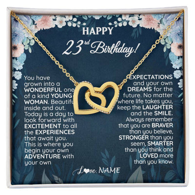 Interlocking Hearts Necklace 18K Yellow Gold Finish | 1 | Personalized Happy 23rd Birthday Gifts Necklace Sweet Fifteen 23rd Year Old Girl Birthday Gift Ideas For Her Daughter Niece Jewelry Gift Box Message Card | siriusteestore