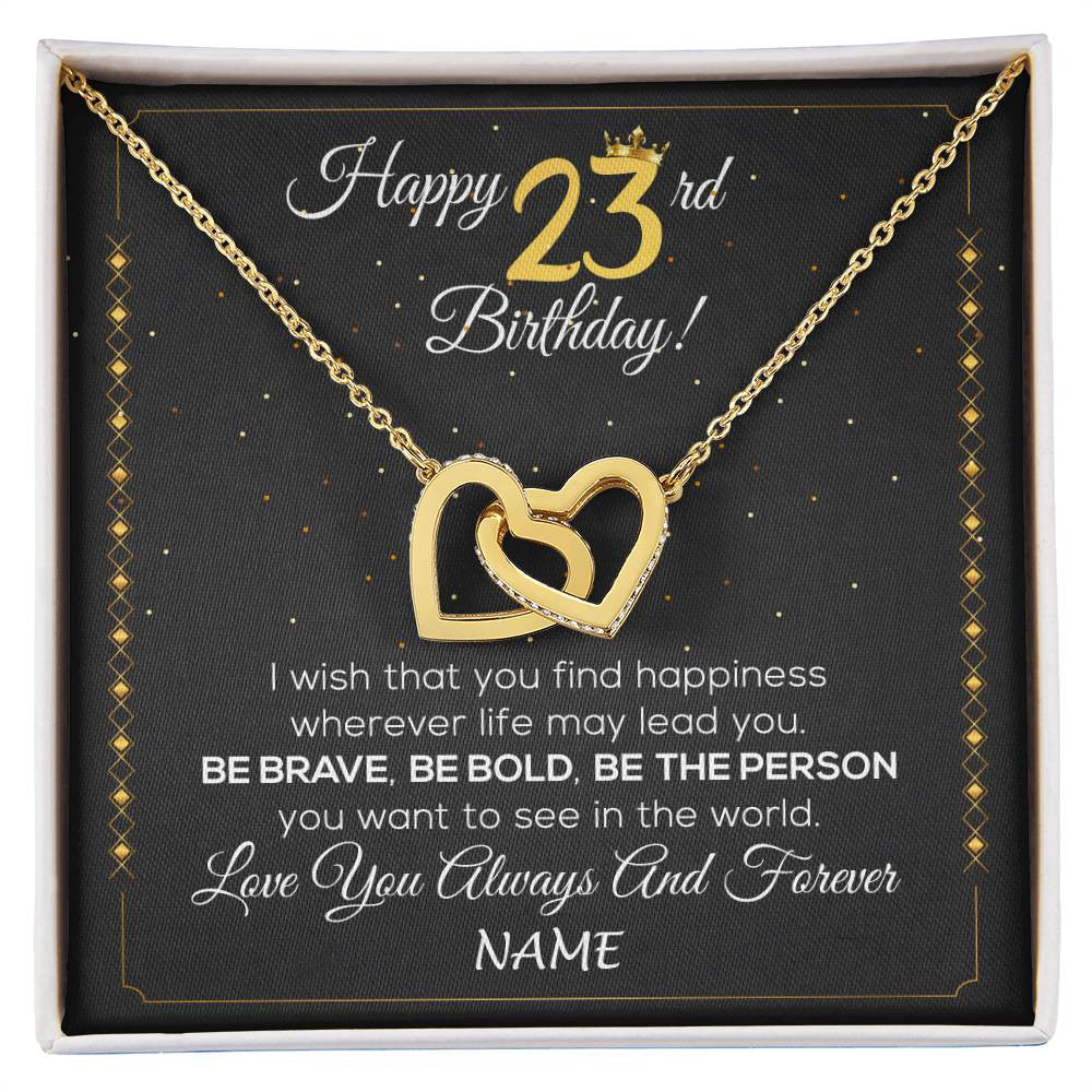 Interlocking Hearts Necklace 18K Yellow Gold Finish | 1 | Personalized Happy 23rd Birthday Necklace For Her Girls Daughter Niece Sister Goddaughter Granddaughter 23 Year Old Birthday Customized Gift Box Message Card | siriusteestore