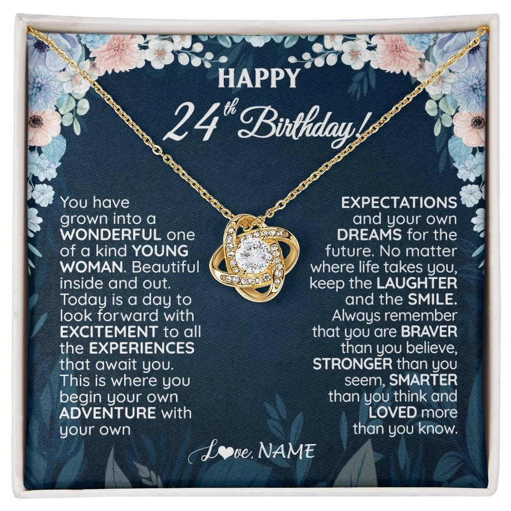 Love Knot Necklace 18K Yellow Gold Finish | 1 | Personalized Happy 24th Birthday Gifts Necklace Sweet Fifteen 24th Year Old Girl Birthday Gift Ideas For Her Daughter Niece Jewelry Gift Box Message Card | siriusteestore