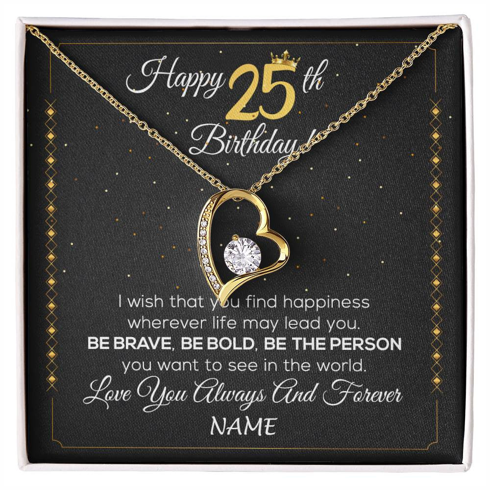 Forever Love Necklace 18K Yellow Gold Finish | 1 | Personalized Happy 25Th Birthday Necklace For Her Girls Daughter Niece Sister Goddaughter Granddaughter 25 Year Old Birthday Customized Gift Box Message Card | siriusteestore