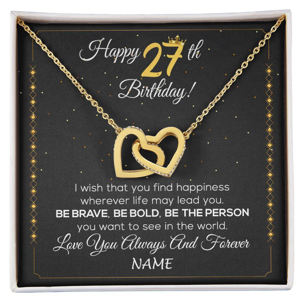 Interlocking Hearts Necklace 18K Yellow Gold Finish | 1 | Personalized Happy 27Th Birthday Necklace For Her Girls Daughter Niece Sister Goddaughter Granddaughter 27 Year Old Birthday Customized Gift Box Message Card | siriusteestore