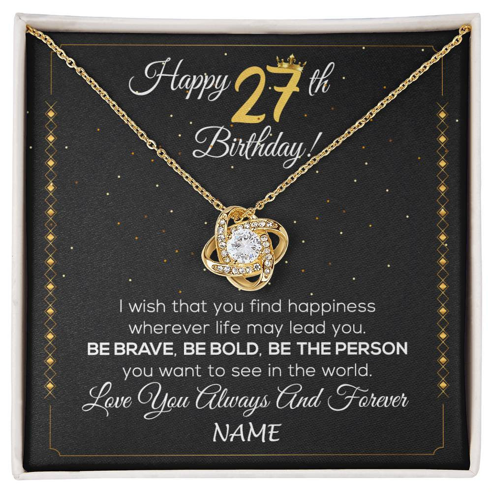 Love Knot Necklace 18K Yellow Gold Finish | 1 | Personalized Happy 27Th Birthday Necklace For Her Girls Daughter Niece Sister Goddaughter Granddaughter 27 Year Old Birthday Customized Gift Box Message Card | siriusteestore