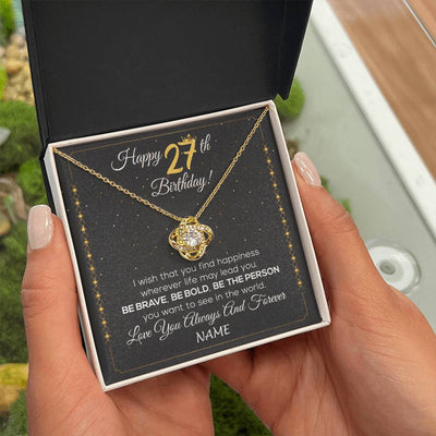 Love Knot Necklace 18K Yellow Gold Finish | 2 | Personalized Happy 27Th Birthday Necklace For Her Girls Daughter Niece Sister Goddaughter Granddaughter 27 Year Old Birthday Customized Gift Box Message Card | siriusteestore