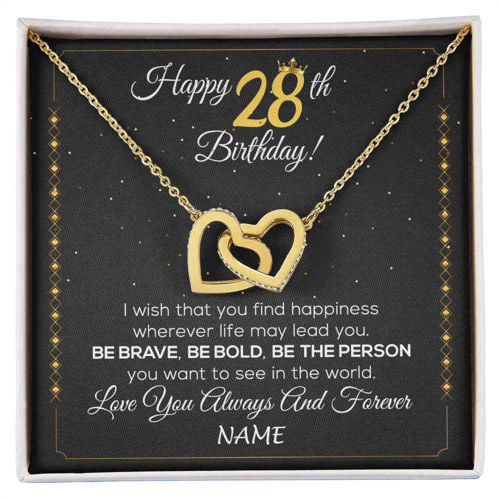 Interlocking Hearts Necklace 18K Yellow Gold Finish | 1 | Personalized Happy 28Th Birthday Necklace For Her Girls Daughter Niece Sister Goddaughter Granddaughter 28 Year Old Birthday Customized Gift Box Message Card | siriusteestore