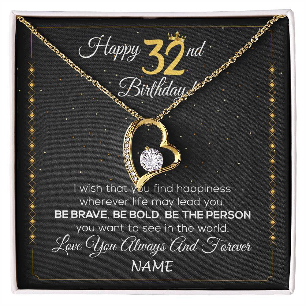 Forever Love Necklace 18K Yellow Gold Finish | 1 | Personalized Happy 32nd Birthday Necklace For Her Girls Daughter Niece Sister Goddaughter Granddaughter 32 Year Old Birthday Customized Gift Box Message Card | siriusteestore