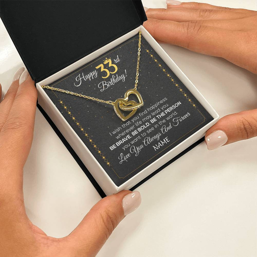 Interlocking Hearts Necklace 18K Yellow Gold Finish | 2 | Personalized Happy 33rd Birthday Necklace For Her Girls Daughter Niece Sister Goddaughter Granddaughter 33 Year Old Birthday Customized Gift Box Message Card | siriusteestore