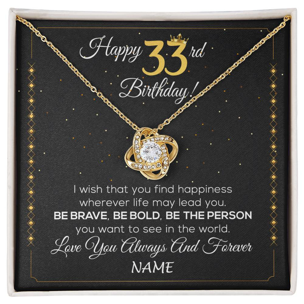 Love Knot Necklace 18K Yellow Gold Finish | 1 | Personalized Happy 33rd Birthday Necklace For Her Girls Daughter Niece Sister Goddaughter Granddaughter 33 Year Old Birthday Customized Gift Box Message Card | siriusteestore