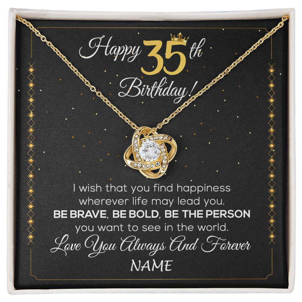 Love Knot Necklace 18K Yellow Gold Finish | 1 | Personalized Happy 35Th Birthday Necklace For Her Girls Daughter Niece Sister Goddaughter Granddaughter 35 Year Old Birthday Customized Gift Box Message Card | siriusteestore
