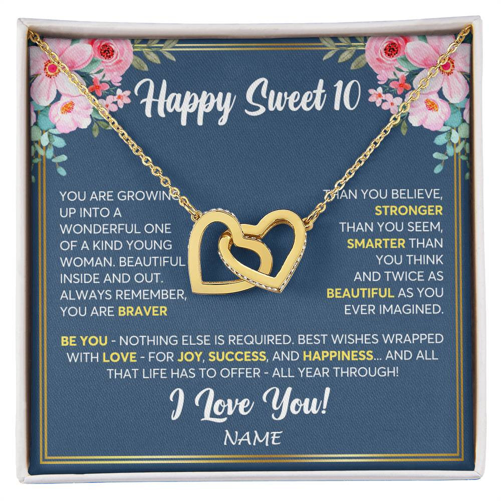 Interlocking Hearts Necklace 18K Yellow Gold Finish | Personalized Happy Sweet 10 For Girls Necklace Sweet Ten 10th Birthday Gifts For 10 Ten Old For Girl Niece Daughter Customized Gift Box Message Card | siriusteestore