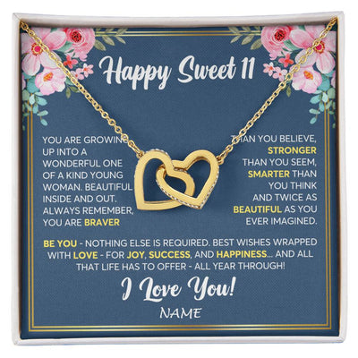 Interlocking Hearts Necklace 18K Yellow Gold Finish | Personalized Happy Sweet 11 For Girls Necklace Sweet Eleven 11th Birthday Gifts For 11 Eleven Old For Girl Niece Daughter Customized Gift Box Message Card | siriusteestore